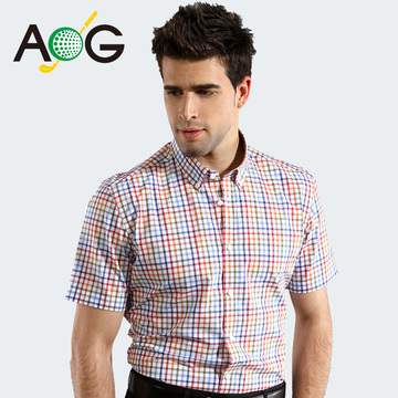 AOG 2015年新款男士短袖衬衫 商务休闲 免烫 纯棉格子 短袖衬衫