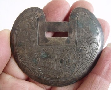 古玩收藏品包老的银器饰品银锁《天仙送子》元宝形