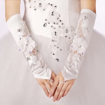 婚纱礼服长手套长款蕾丝花边镶钻手套 纱网面料手套 红色白色手套