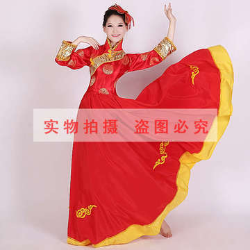 舞蹈大摆裙连衣长裙蒙古舞服装演出服女蒙古舞蹈服蒙古族服装女红