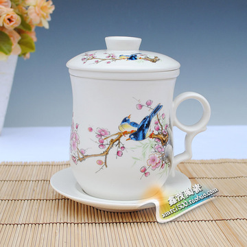 景德镇陶瓷  办公杯子 高档优质级骨瓷4件套茶杯 水杯 鸟语花香