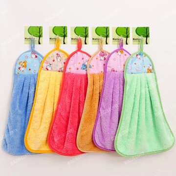韩国多彩纯色挂式吊巾创意毛巾 悬挂式珊瑚绒卡通擦手巾 厨房毛巾