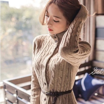 751新款2014春季韩版 显瘦加厚修身长款系带开衫毛衣外套女55