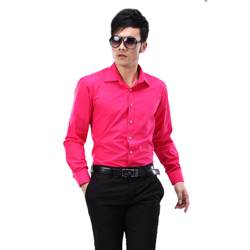 2015春夏新款长袖衬衫男纯色钻扣玫红长袖男士衬衣韩版时尚修身