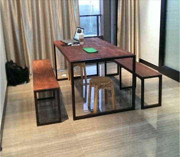 美式法式乡村 LOFT风格全实木铁艺大长餐桌+长凳铁艺做旧桌椅整套