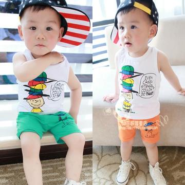 2015夏装新款韩版儿童小童宝宝男女童可爱卡通帽子套装纯棉两件套