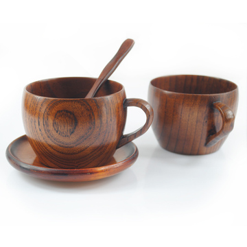 木杯子 实木茶杯 创意咖啡杯 带柄 杯勺 复古日本杯子 木茶具套装