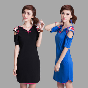 2015夏新款女装中国风复古锈花旗袍短袖显瘦修身连衣裙包臀短裙
