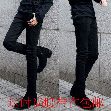 2015春季新款韩版加绒牛仔裤男士小脚裤青少年黑色修身潮男长裤子