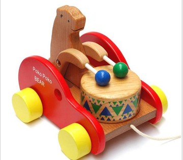 儿童早教玩具榉木木制拖拉车 小熊敲鼓车 木质拖拉玩具车