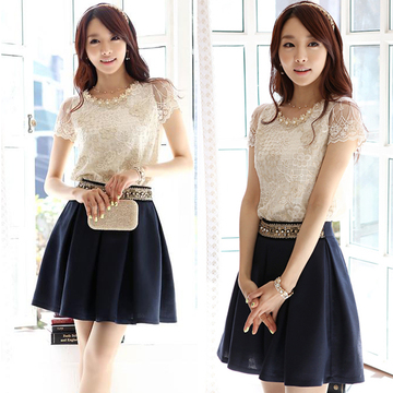 2015夏季新款韩版女装淑女大码气质优雅两件套装蕾丝雪纺连衣裙