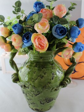 欧美田园地中海陶瓷做旧绿色双耳花瓶家居摆件、花插花器今日特价