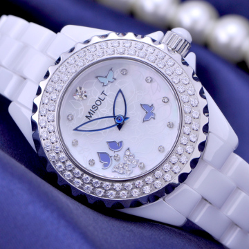 瑞士夏季新手表女 陶瓷手表时尚女表镶钻防水 休闲水钻表白色蝴蝶