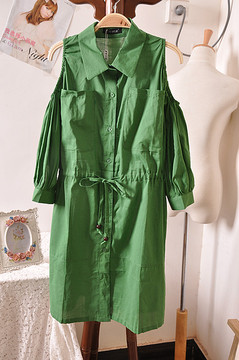 薇薇家 韩国代购东大门夏新款宽松绿色长衬衫收腰系带露肩连衣裙