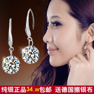 金币 正品925纯银耳环 女式韩国版 长款水晶耳坠 结婚银饰品耳