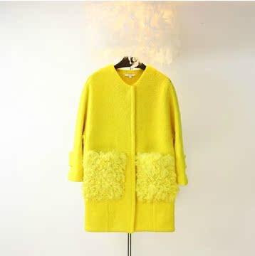 2013冬装新款韩版大牌时尚百搭羊毛呢风衣女羊羔毛大口袋大衣外套