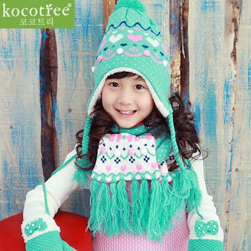 韩国kk树秋冬新款女童加绒帽子流苏围巾保暖儿童帽子围巾两件套装