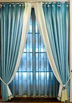 简约客厅书房地中海风格蓝白素色拼接棉麻窗帘雪花图案蓝色麻纱