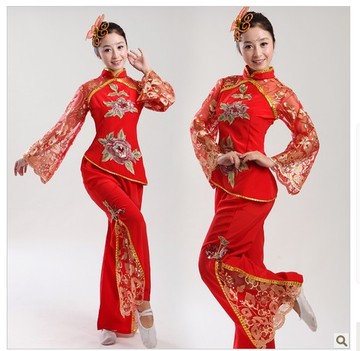 新款玻璃纱民族舞蹈表演服饰成人秧歌服婚庆店庆国庆表演服红色