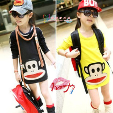 韩版春夏季女童中长款大嘴猴长袖t恤儿童小孩子可爱连衣裙子童装