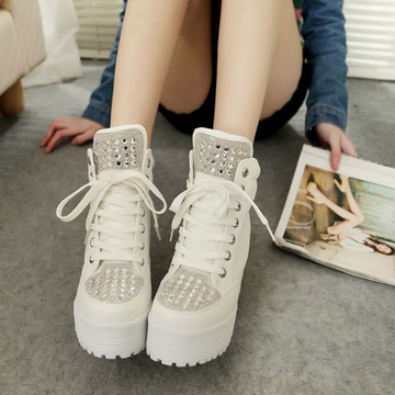 2014韩版女鞋水钻松糕鞋厚底内增高鞋运动鞋高帮鞋休闲女鞋