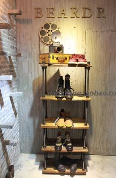 落地金属工业纯原木复古LOFT怀旧风展示架 鞋架 书架 置物架 中岛