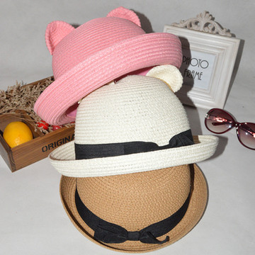 夏季新款可爱女孩猫耳朵防紫外线手工草帽遮阳帽子