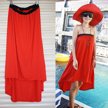 2016夏季 红色黑边抹胸裙 连衣裙 沙滩裙 裹胸裙 海边渡假长裙