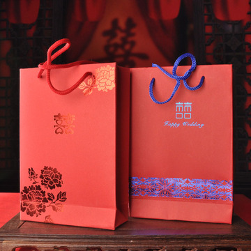 高档牡丹花红手提袋 结婚用品喜糖袋 复古青花瓷色糖袋创意喜糖盒