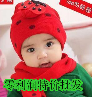 包邮秋冬款 婴儿帽子 男女宝宝针织帽子围巾两件套 瓢虫毛线帽