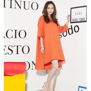 2015韩国OF品牌新款中袖中长款橘色衬衣裙纯亚麻连衣裙不规则下摆