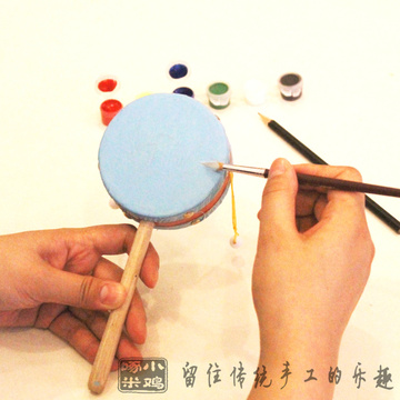 拨浪鼓DIY手绘材料包 传统羊皮拨浪鼓 儿童涂鸦玩具手摇鼓材料包