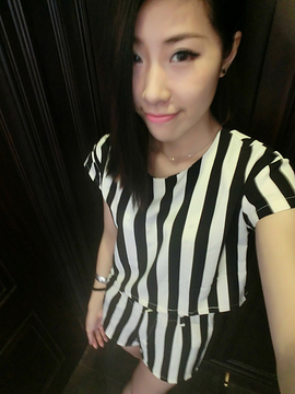 2015夏季韩国stylenanda黑白条纹个性修身女短袖T恤短裤短款套装