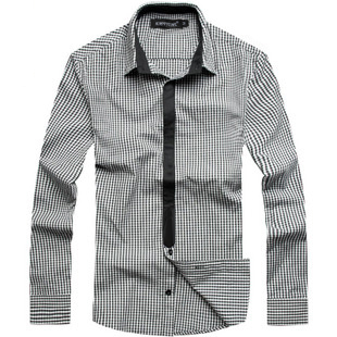 2013新款 韩版潮流男士长袖细格子假领带衬衫平铺