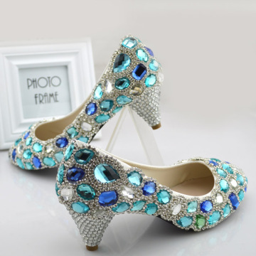 公主水晶鞋婚鞋平跟新娘鞋伴娘单鞋拍婚纱照演出鞋蓝白宝石水钻鞋