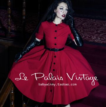 le palais vintage 优雅红色50年代经典娃娃领中袖蓬蓬连衣裙