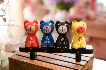 zakka杂货 钓鱼猫4件套 北欧原木 彩绘 创意家居礼品工艺品