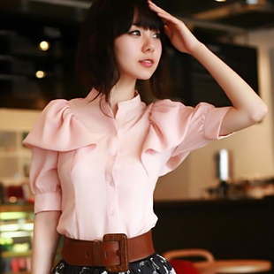 新款夏装 韩版女装 甜美弹力雪纺衫荷叶领OL通勤职业装衬衫