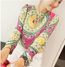 2013年韩版女装长袖印花雪纺衫上衣2013春装新款打底衫小衫