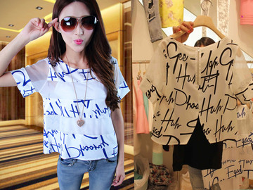 2014新款女装韩版字母印花雪纺衫欧根纱拼接短袖t恤 女上衣两件套