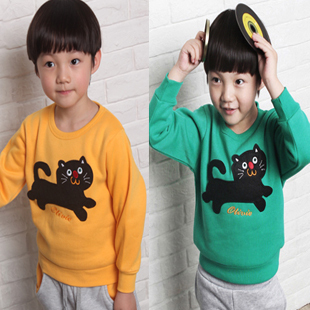 2015秋冬款新款韩版儿童男女童加绒小猫图案套头长袖卫衣衫加厚