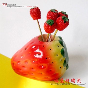 厨房用品★家居必备时尚创意韩式陶瓷水果叉套装草莓不锈钢签叉子