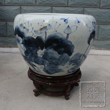 景德镇陶瓷鱼缸大号创意生态鱼缸手绘青花荷花特大金鱼缸风水鱼缸