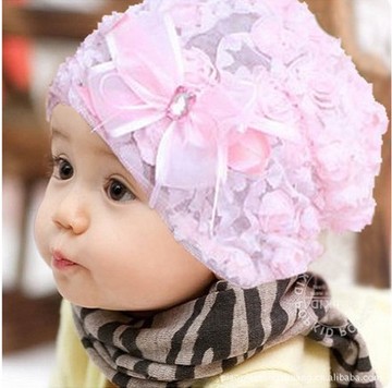 日韩新款宝宝帽子蕾丝帽花朵公主帽套头婴儿胎帽女童花帽盆帽