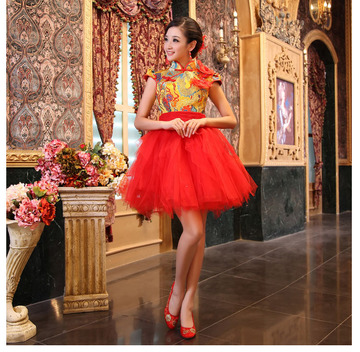 2015新款改良旗袍大气中式结婚礼服裙红色时尚主持演出礼服敬酒服
