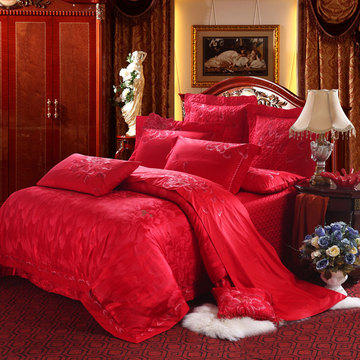 皇家经典 床上用品婚庆丝棉提花床单四件套件十件套大红色富贵