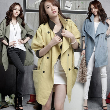 韩国薄2016春秋新款修身显瘦中长款亚麻棉气质女式风衣外套 包邮