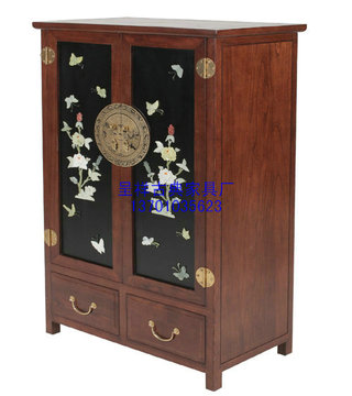 牡丹2屉面条柜 小衣柜 小立柜 实木家具 中式家具 玉石镶嵌家具