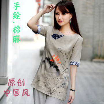 2014新款棉麻原创中国风T恤 夏季复古手绘荷花大码宽松短袖T恤女