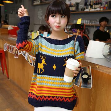 【VIP专享活动】韩版女装 宽松蝙蝠袖一字领套头 小鹿图案毛衣